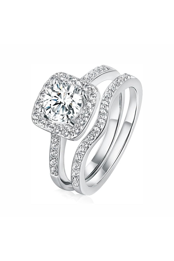 18K White Gold Plated Cubic Zirconia Two-in-One Halo Wedding Engagement Promise Eternity Ring Set for Women Size 10.5