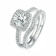 GEMSME 18K White Gold Plated Cubic Zirconia Two-in-One Halo Wedding Engagement Promise Eternity Ring Set for Women Size 7