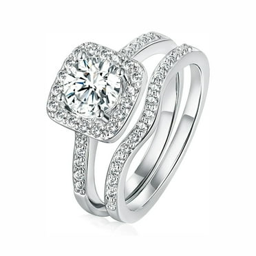 GEMSME 18K White Gold Plated Cubic Zirconia Two-in-One Halo Wedding Engagement Promise Eternity Ring Set for Women Size 7