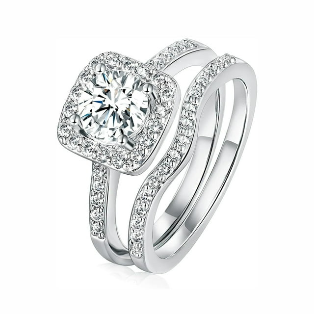 GEMSME 18K White Gold Plated Cubic Zirconia Two-in-One Halo Wedding ...