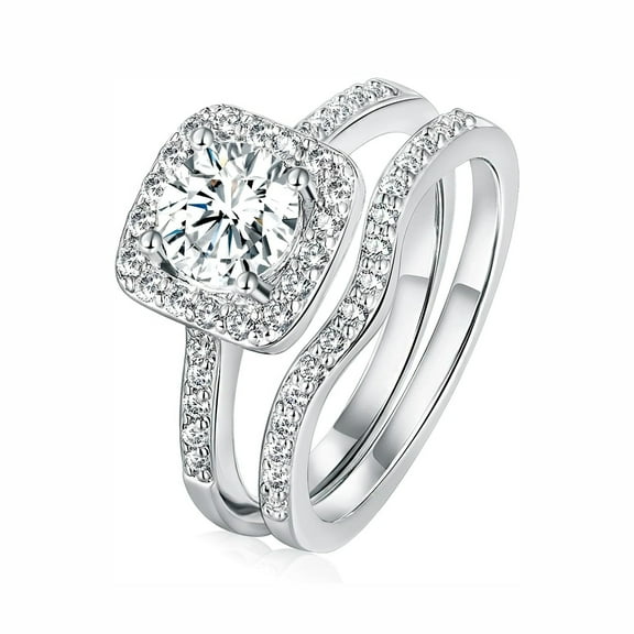 GEMSME 18K White Gold Plated Cubic Zirconia Two-in-One Halo Wedding Engagement Promise Eternity Ring Set for Women Size 8