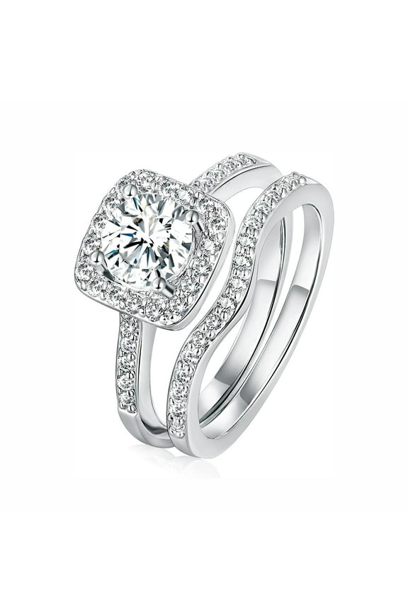 18K White Gold Plated Cubic Zirconia Two-in-One Halo Wedding Engagement Promise Eternity Ring Set for Women Size 8