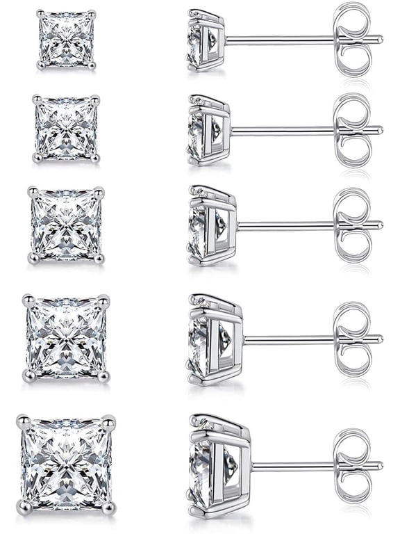 Stud Earrings Set of 5 piars for Women Men 18K White Gold Plated 3/4/5/6/7mm Princess Cut Clear Cubic Zirconia