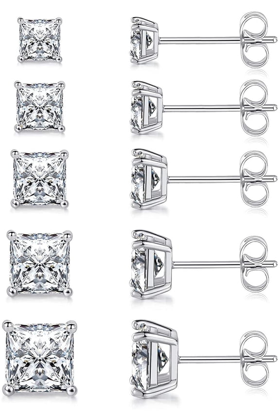 Stud Earrings Set of 5 piars for Women Men 18K White Gold Plated 3/4/5/6/7mm Princess Cut Clear Cubic Zirconia