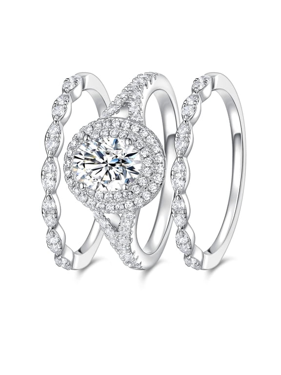 Wedding Engagement Promise Ring for Women 18K White Gold Plated Oval Halo Cubic Zirconia Three-in-One Stackable Eternity Band Set Size 6