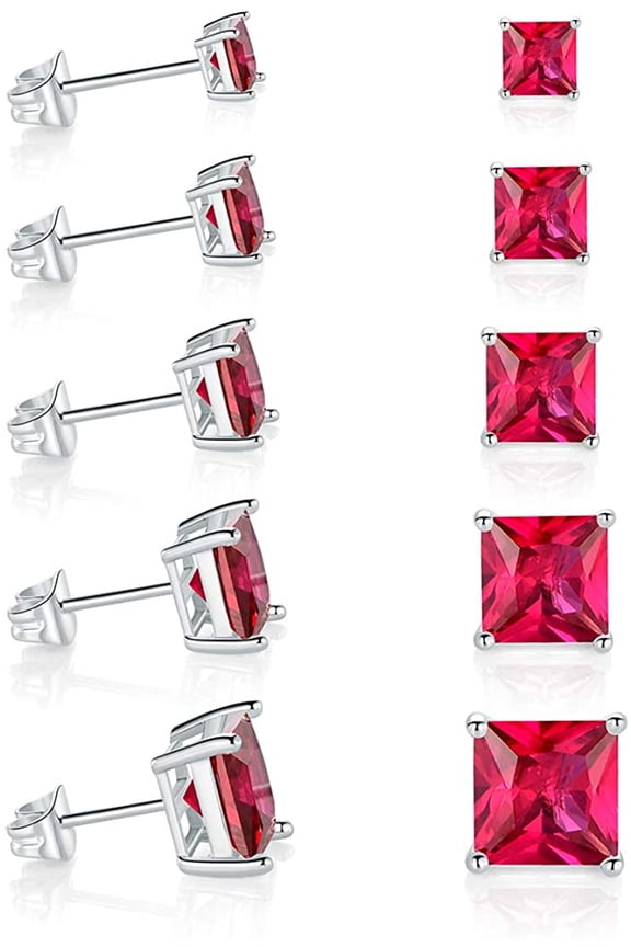 18K White Gold Plated Stud Earrings 4 Prong Princess Cut 3-7MM Ruby Cubic Zirconia Earring Studs ( 5 Pairs )