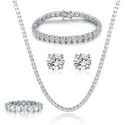 GEMSME 18K White Gold Plated Tennis Necklace/Bracelet/Stud Earrings/Band Ring Sets Hypoallergenic Jewelry Pack of 4