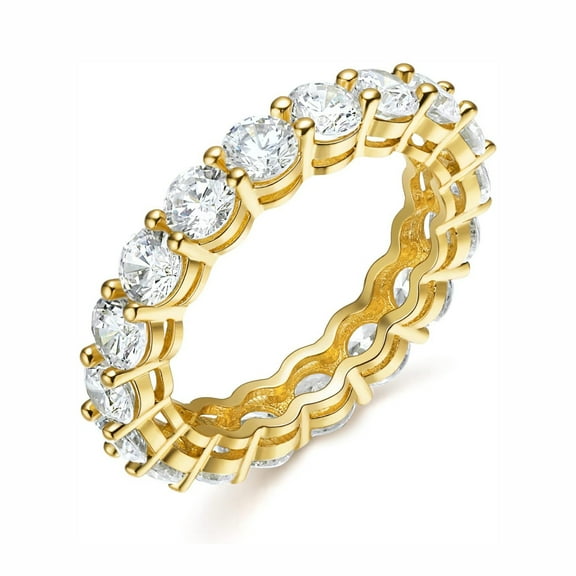 GEMSME 18K Yellow Gold Plated 4.0mm Round Brilliant Cut Cubic Zirconia Eternity, Engagement, Wedding Band Ring for Women