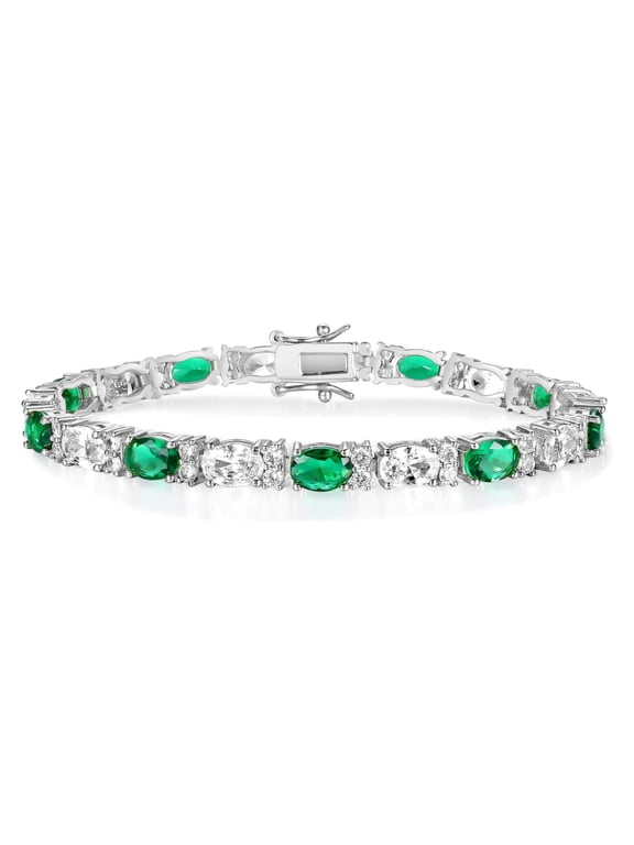 Jewelry Tennis Silver Bracelets for Women 18K White Gold Plated 5*7MM Oval White and Green Cubic Zirconia Dainty Bracelets Gifts 6.5 Inch