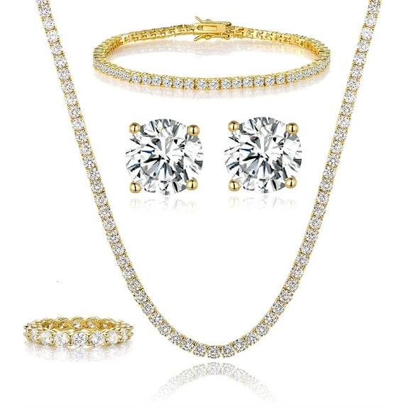 GEMSME 18K Yellow Gold Plated Tennis Necklace/Bracelet/Stud Earrings/Band Ring Sets Hypoallergenic Jewelry Pack of 4