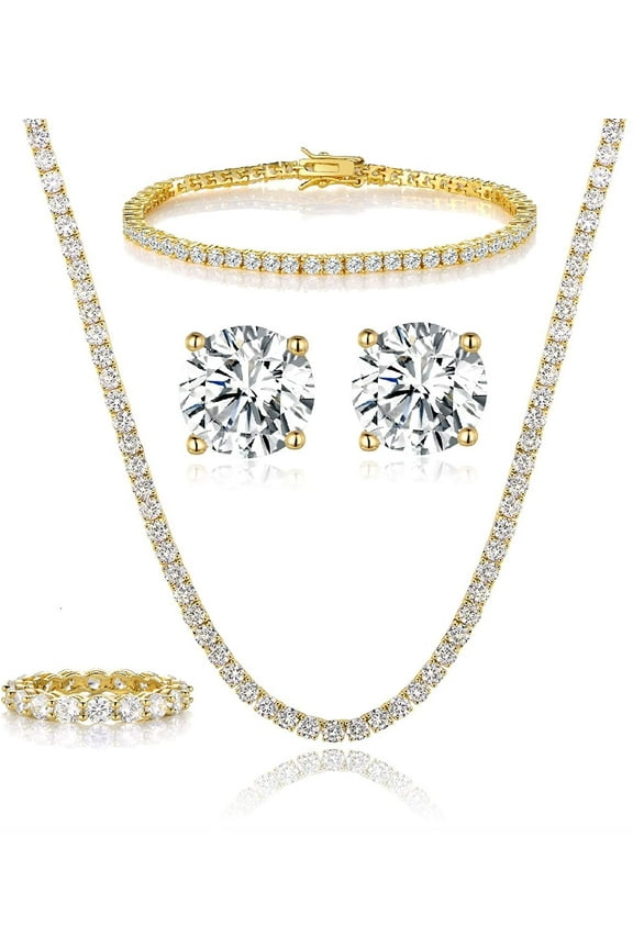 18K Yellow Gold Plated Tennis Necklace/Bracelet/Stud Earrings/Band Ring Sets Hypoallergenic Jewelry Pack of 4