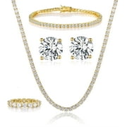 GEMSME 18K Yellow Gold Plated Tennis Necklace/Bracelet/Stud Earrings/Band Ring Sets Hypoallergenic Jewelry Pack of 5