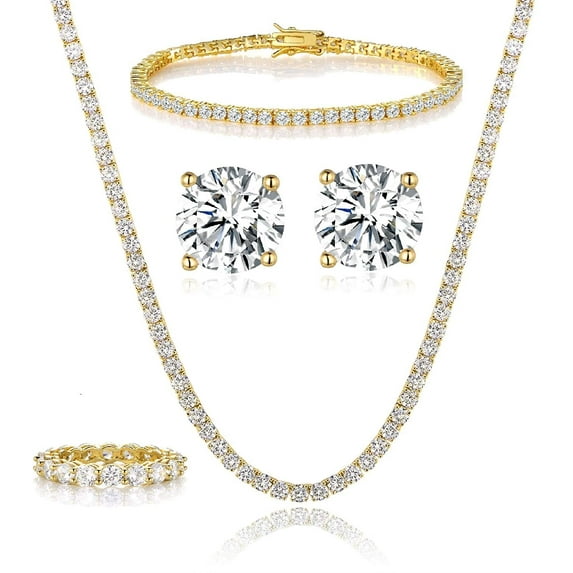 GEMSME 18K Yellow Gold Plated Tennis Necklace/Bracelet/Stud Earrings/Band Ring Sets Hypoallergenic Jewelry Pack of 7