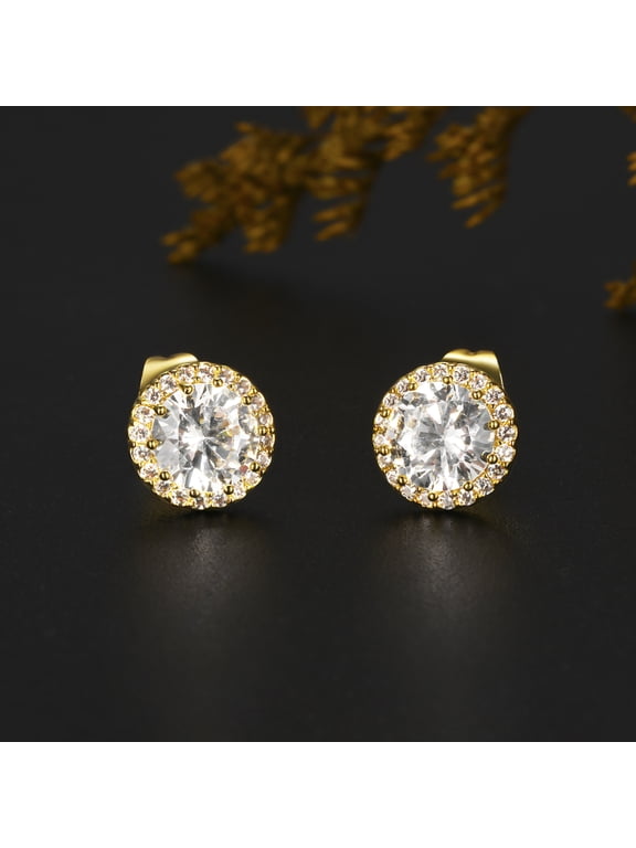18K gold plated Round Cubic Zirconia simulated diamonds stud earrings  for women