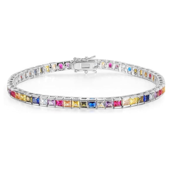 GEMSME Tennis Bracelets for Women Cubic Zirconia Bracelet 18K White Gold Plated 3MM Square Colorful CZ Dainty Jewelry Gifts 7.5 Inch