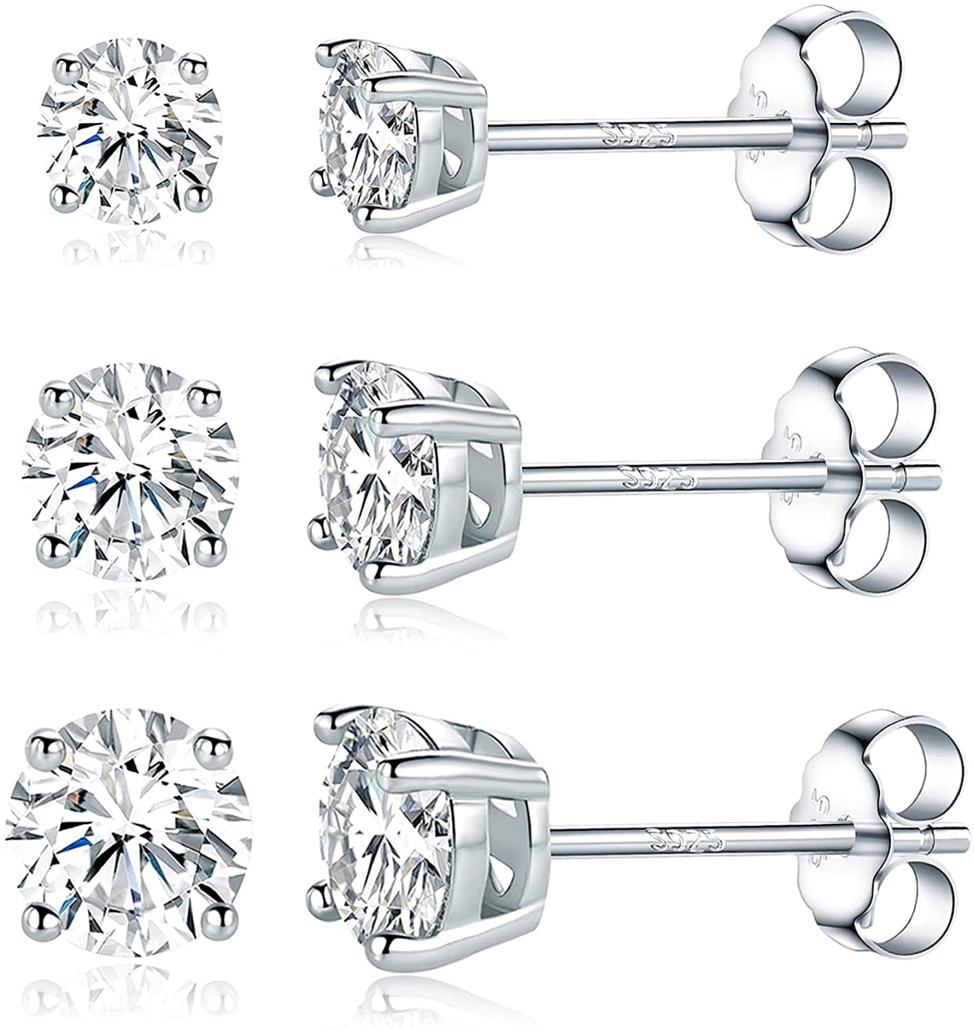 GEMSME 925 Sterling Silver Filled White Gold Plated 4 Prong Round Clear Moissanite Stud Earring for Women 3/4/5mm Pack of 3 Pairs