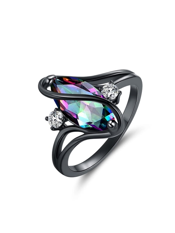 Engagement Wedding Promise Rings For Women Size 10 Marquise Black Gold Plated Created Opal/Amethyst/Rainbow CZ Cocktail Promise Eternity Bands