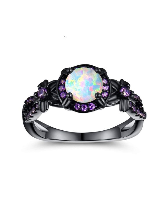 Eternity Wedding Rings for Women Size 7 18K Black Gold Plated Created Opal CZ Engagement Promise Rings Bands