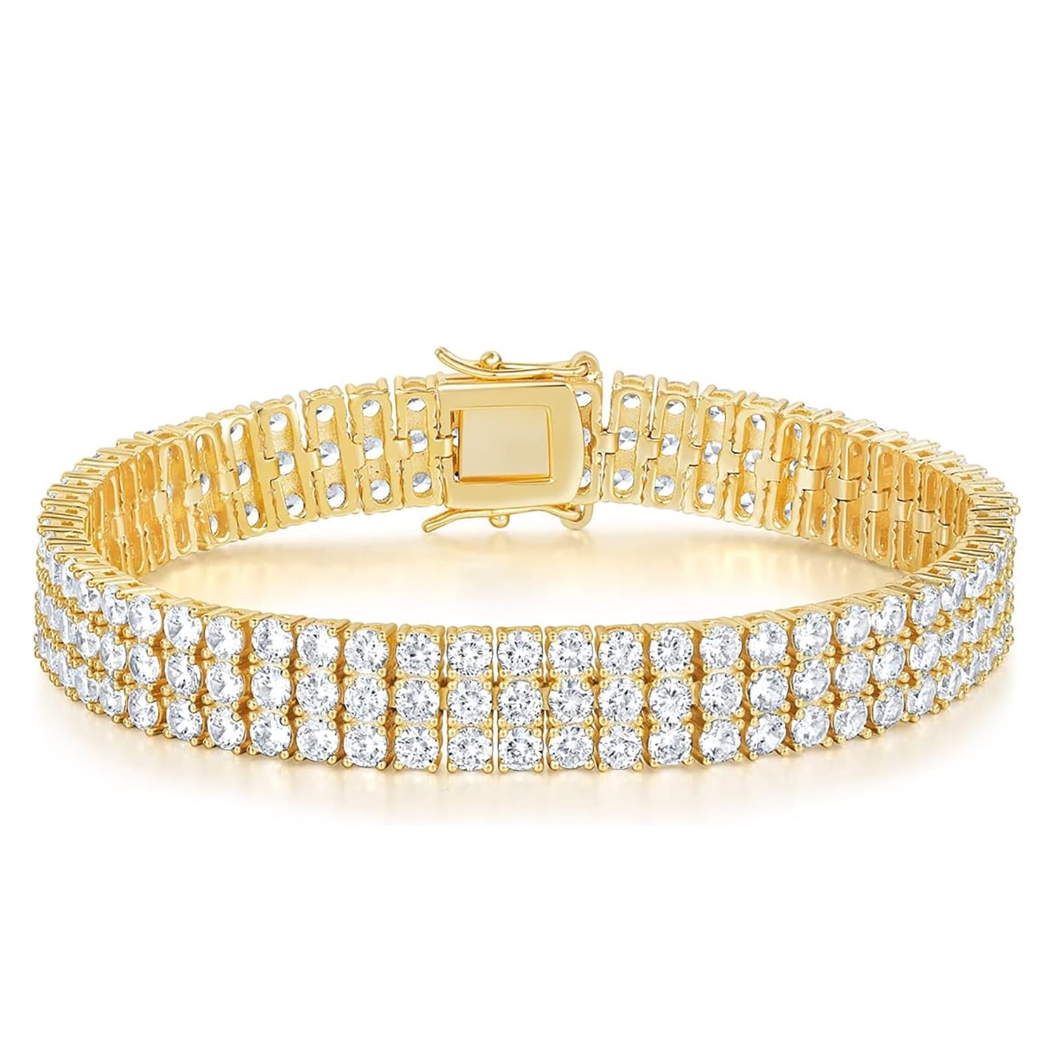 GEMSME Gold Bracelets for Women 18K Yellow Gold Plated 3 Row 3 mm Round Cubic Zirconia Classic Tennis Bracelet Size 7.5 Inch