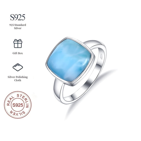 GEMSME Natural Larimar Ring for Women 925 Sterling Silver 11 * 11mm Cushion-shaped Blue Gemstone Eternity Band Jewelry Gifts