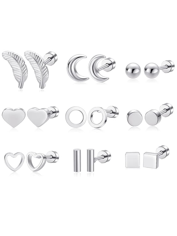 Pack of Titanium Screw Flat Back Surgical Stainless Steel Earrings Geometry Hypoallergenic for Sensitive Ears Studs for Women Men Piercing Post 20G Helix Multipack Feather Moon Heart Round