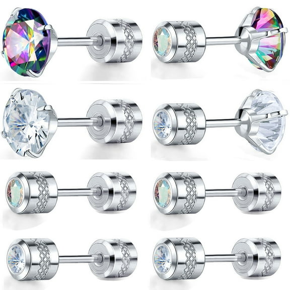 GEMSME Screw Back Clear Rainbow, Cubic Zirconia Stud Earrings, 6mm & 4mm