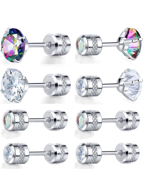 Screw Back Clear Rainbow, Cubic Zirconia Stud Earrings, 6mm & 4mm