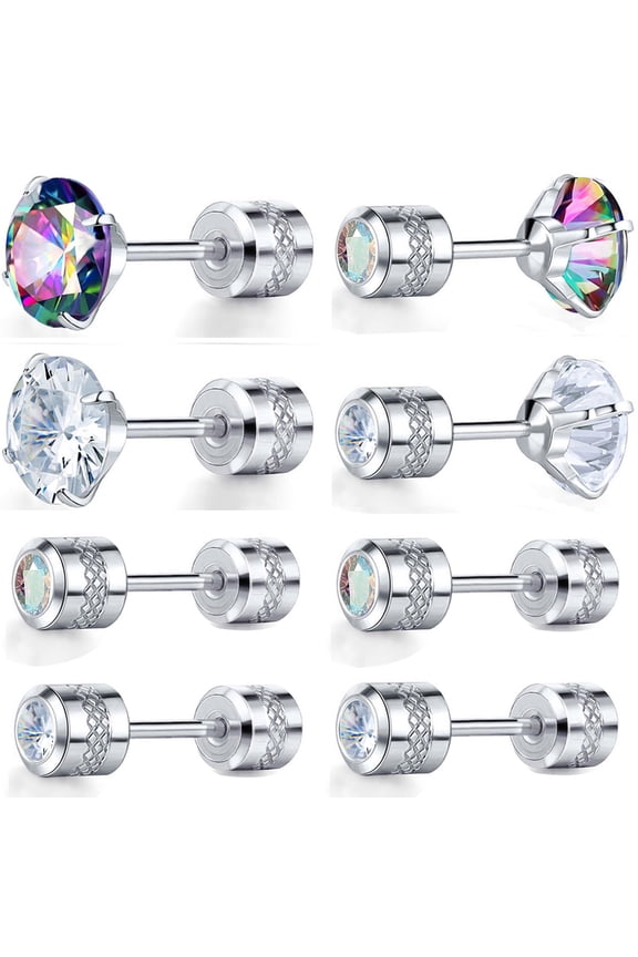 Screw Back Clear Rainbow, Cubic Zirconia Stud Earrings, 6mm & 4mm