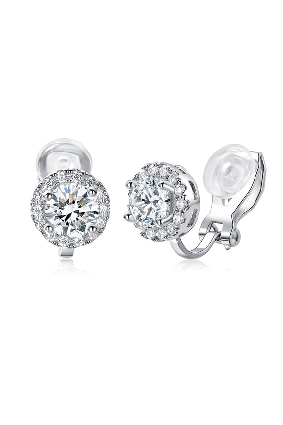 Silver Earrings for Women Hypoallergenic Earrings 14K Gold Plated 6MM Round Halo Cubic Zirconia Earrings Clip Men Holiday Earrings Jewelry Gifts