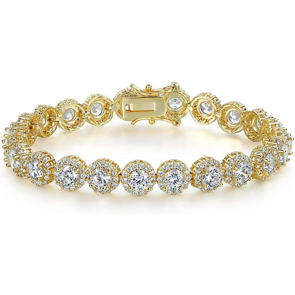 GEMSME Tennis Bracelet for Women 18K Yellow Gold Plated 5mm Round Cubic Zirconia Halo Bracelets 7.0 inch
