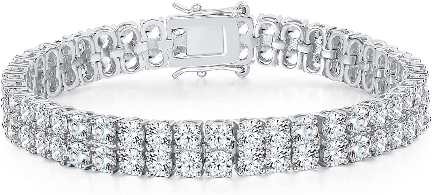 GEMSME Tennis Bracelets for Women Men 18K White Gold Plated 2 Row 3.0 Round Cubic Zirconia Tennis Bracelet Iced Out Hip Hop Bracelet 7.5 Inches