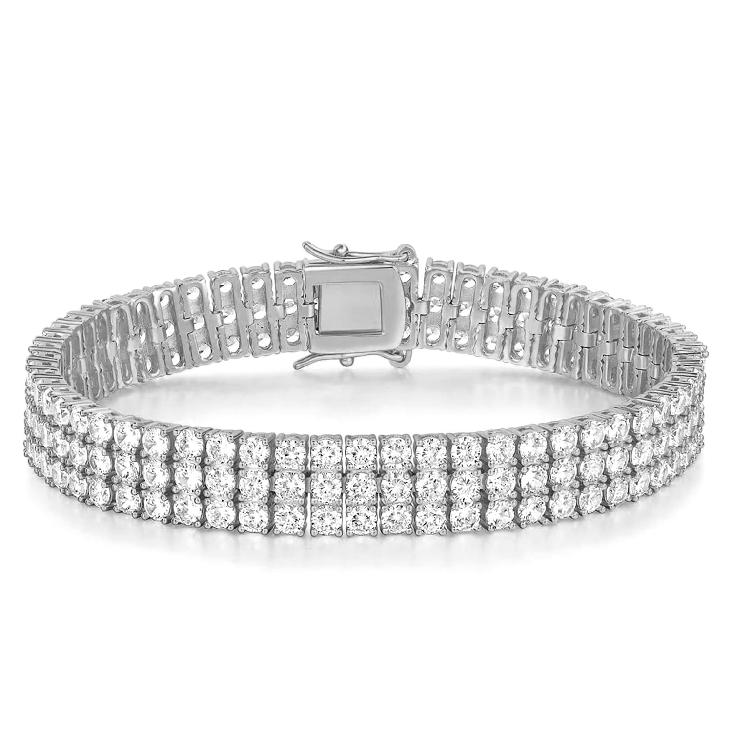 GEMSME Tennis Bracelets for Women Men 18K White Gold Plated 3 Row 3.0 mm Round Cubic Zirconia Tennis Bracelet Iced Out Hip Hop Bracelet 8.5 Inches