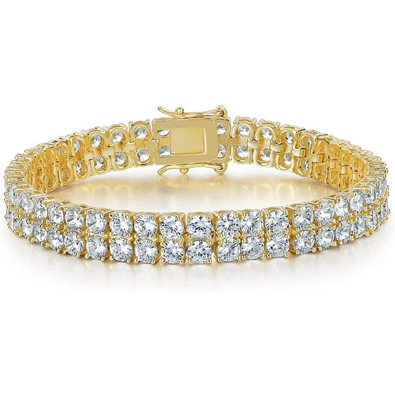 GEMSME Tennis Bracelets for Women Men 18K Yellow Gold Plated 2 Row 3.0 Round Cubic Zirconia Tennis Bracelet Iced Out Hip Hop Bracelet 6.5 Inches