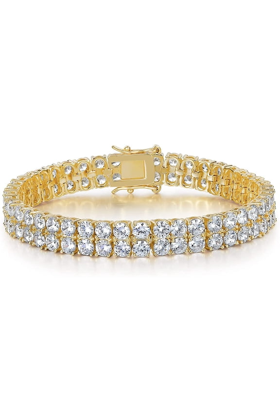 Tennis Bracelets for Women Men 18K Yellow Gold Plated 2 Row 3.0 Round Cubic Zirconia Tennis Bracelet Iced Out Hip Hop Bracelet 6 Inches