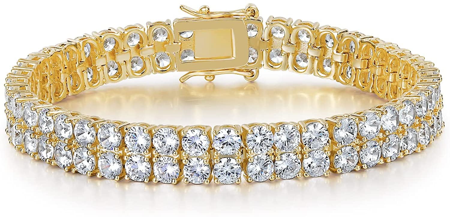 GEMSME Tennis Bracelets for Women Men 18K Yellow Gold Plated 2 Row3.0 Round Cubic Zirconia Tennis Bracelet Iced Out Hip Hop Bracelet 7.5 Inches