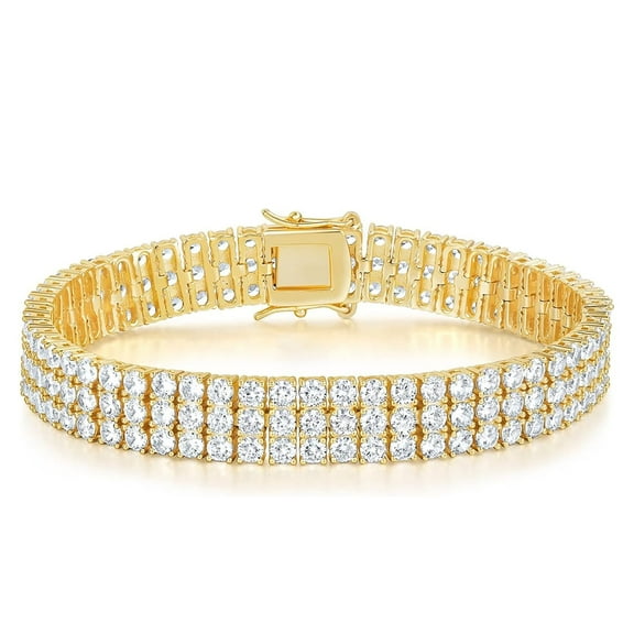 GEMSME Tennis Bracelets for Women Men 18K Yellow Gold Plated 3 Row 3.0 mm Round Cubic Zirconia Tennis Bracelet Iced Out Hip Hop Bracelet 7 Inches