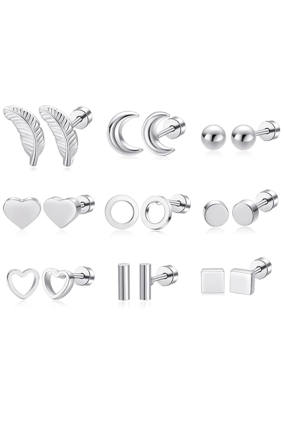 Pack of Titanium Screw Flat Back Surgical Stainless Steel Earrings Geometry Hypoallergenic for Sensitive Ears Studs for Women Men Piercing Post 20G Helix Multipack Feather Moon Heart Round