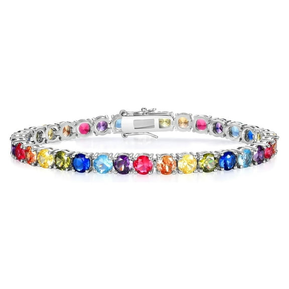 GEMSME Women Bracelet 18K White Gold Plated 5.0 Round Colorful Cubic Zirconia Classic Tennis Bracelet for Women Men 7.5 Inch