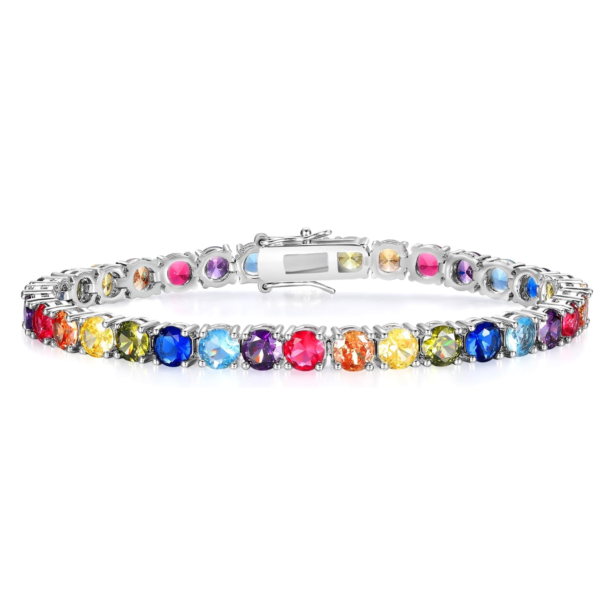 GEMSME Women Bracelet 18K White Gold Plated 5.0 Round Colorful Cubic Zirconia Classic Tennis Bracelet for Women Men 7 Inch