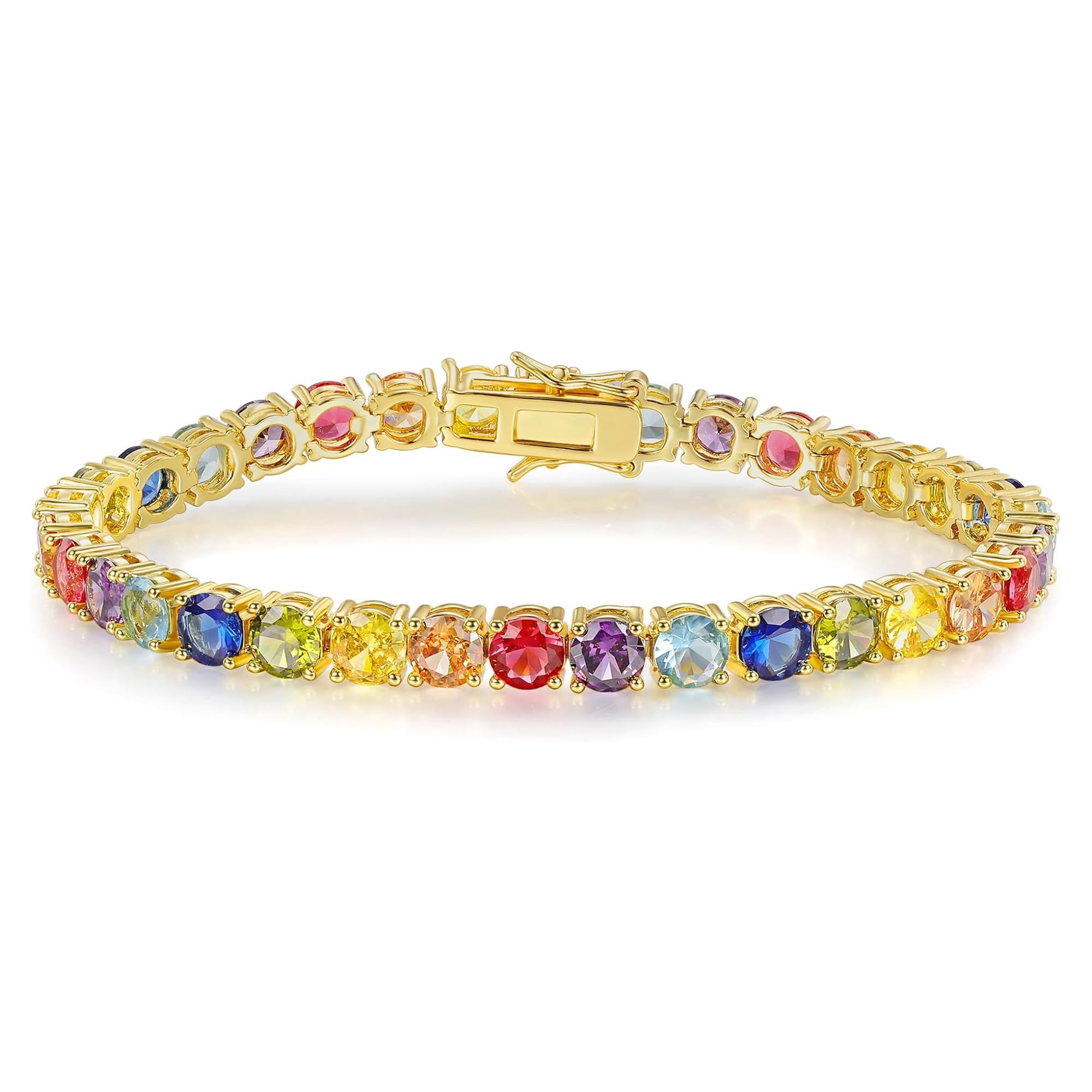 GEMSME Women Bracelet 18K Yellow Gold Plated 5.0 Round Colorful Cubic Zirconia Classic Tennis Bracelet for Women Men 8 Inch