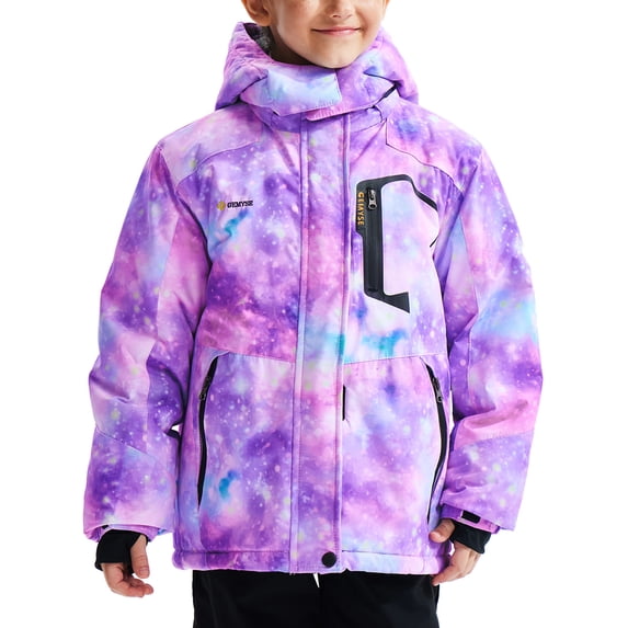 GEMYSE Girls' Waterproof Ski Jacket Windproof Winter Coat with Fleece Lining and Hood(Watercolor Purple,8)