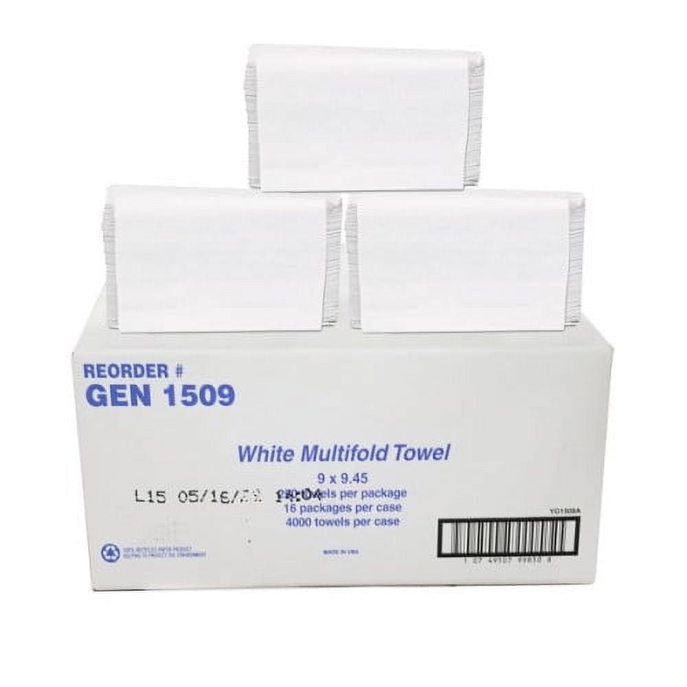 New GEN Folded Paper Towels, Multifold, 9 x 9.45, White, 250 Towels/Pack, 16 Packs/Carton
