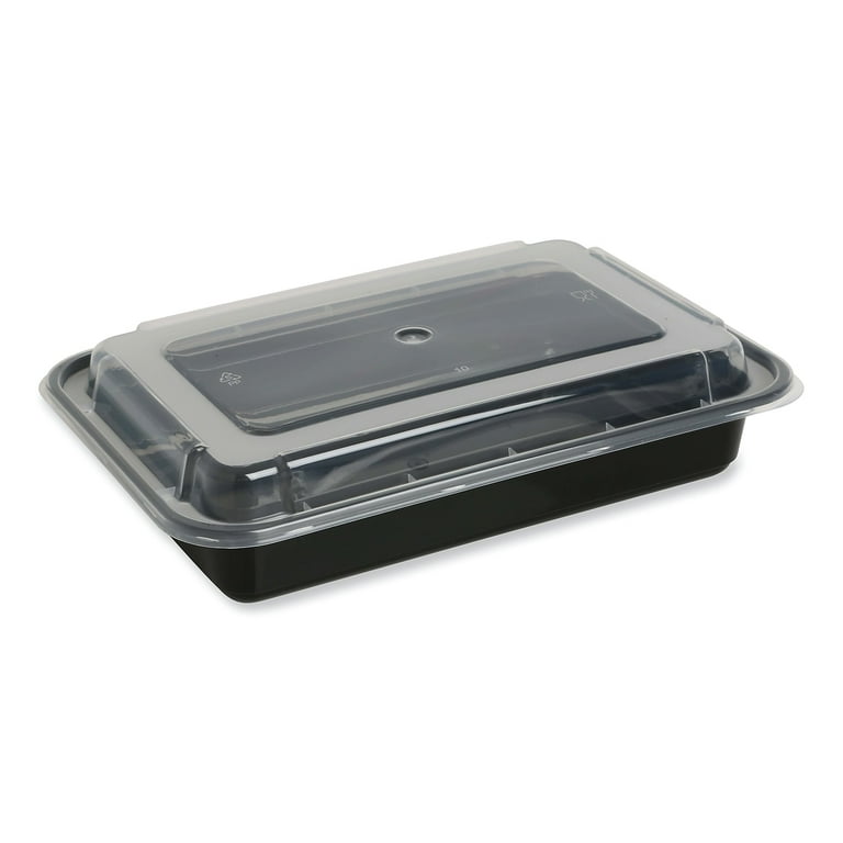 Microwavable Food Container with Lid, Rectangular, 28 oz, 8.81 x 6.02 x 2.04, Black/Clear, Plastic, 150/Carton Microwavable Food Container with Lid, Rectangular, 28 oz, 8.81 x 6.02 x 2.04, Black/Clear, Plastic, 150/Carton