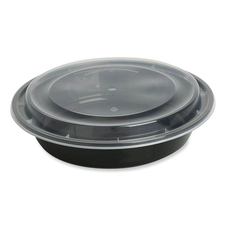 Microwavable Food Container with Lid, Round, 48 oz, 8.85 x 8.85 x 2.24, Black/Clear, Plastic, 150/Carton Microwavable Food Container with Lid, Round, 48 oz, 8.85 x 8.85 x 2.24, Black/Clear, Plastic, 150/Carton