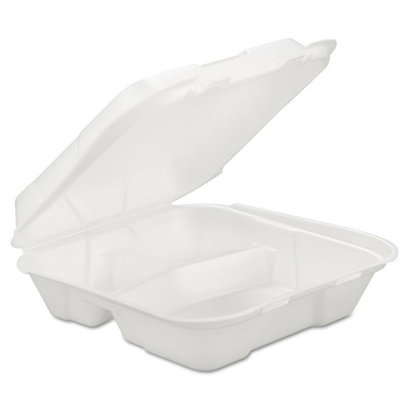 GEN SN203VW-H-0183400- Foam Hinged Carryout Container, 3-Comp, White, 9 1/4 X 9 1/4 X 3, 200/carton