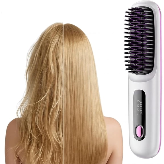 LESROLL  Hair Straightener Brush, Cordless Hair Straightener Brush Portable Hot Comb Straightener, USB Rechargeable & 3 Temp Settings & Anti-Scald