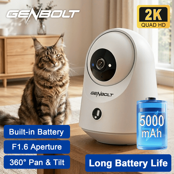 GENBOLT 2K WiFi Indoor House Security Camera Wireless, Pan Tilt Pet Camera with 5000mAh Battery Powered, IP Camera CCTV Nanny Dog Cam Baby Monitor with PIR Detection