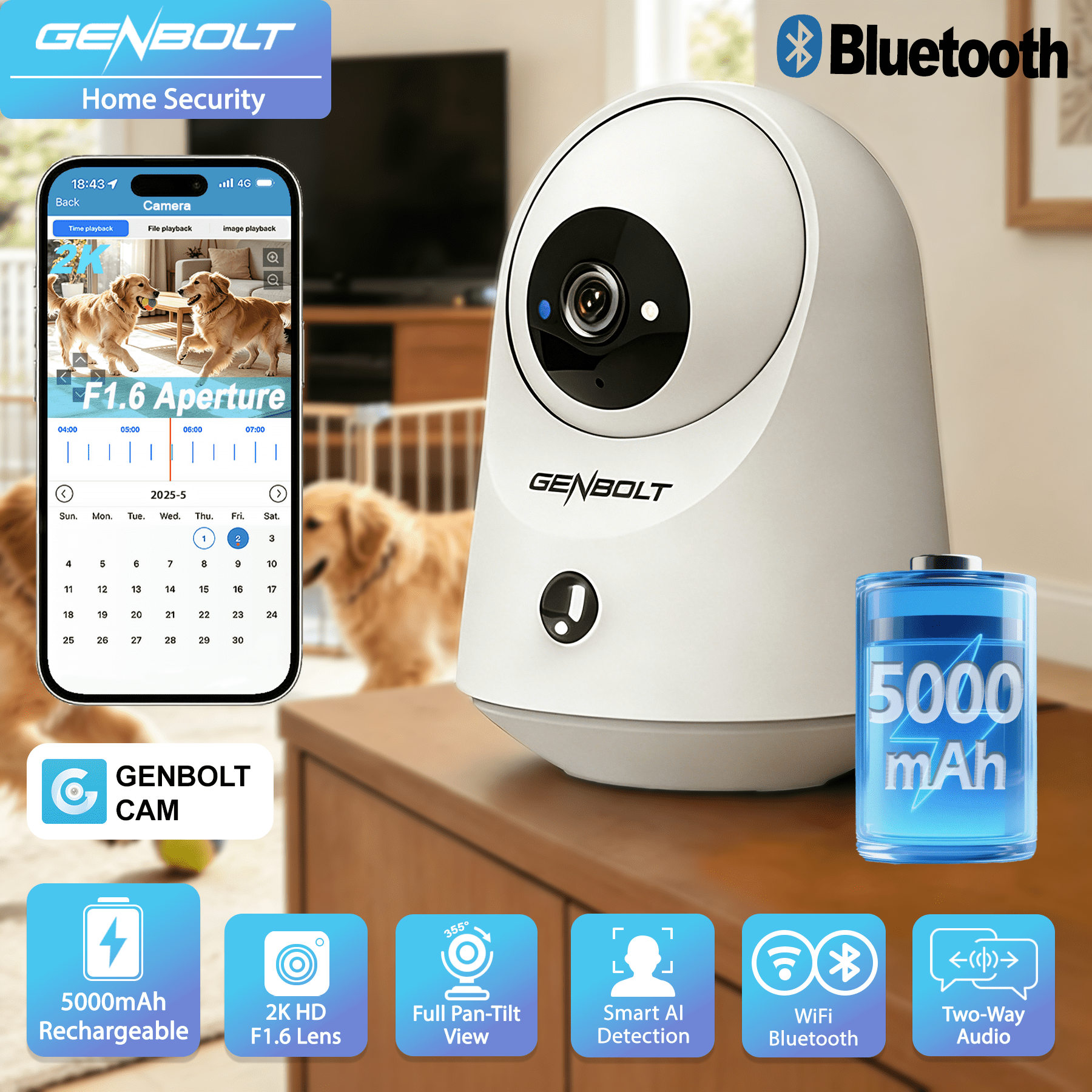 GENBOLT 2K WiFi Indoor House Security Camera Wireless, Pan Tilt Pet Camera with 5000mAh Battery Powered, IP Camera CCTV Nanny Dog Cam Baby Monitor with PIR Detection