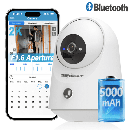 GENBOLT 2K WiFi Indoor House Security Camera Wireless, Pan Tilt Pet Camera with 5000mAh Battery Powered, IP Camera CCTV Nanny Dog Cam Baby Monitor with PIR Detection