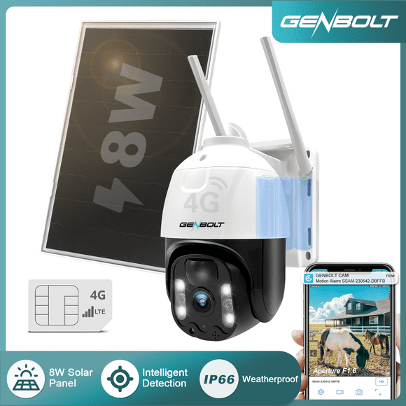 GENBOLT 4G LTE Cellular Solar Security Camera Outdoor Wireless, 8W 15600mAh Surveillance Camera No WiFi, PTZ IP System with SIM Card, PIR Siren Alarm